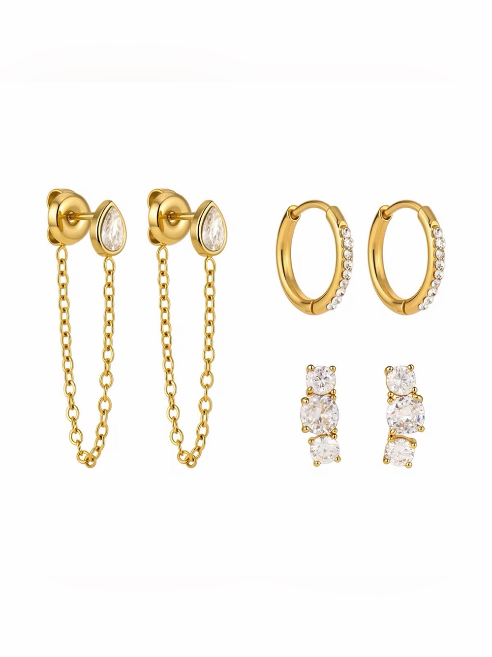 3 Pairs | 18K Gold Plated Cubic Zirconia Earrings Set